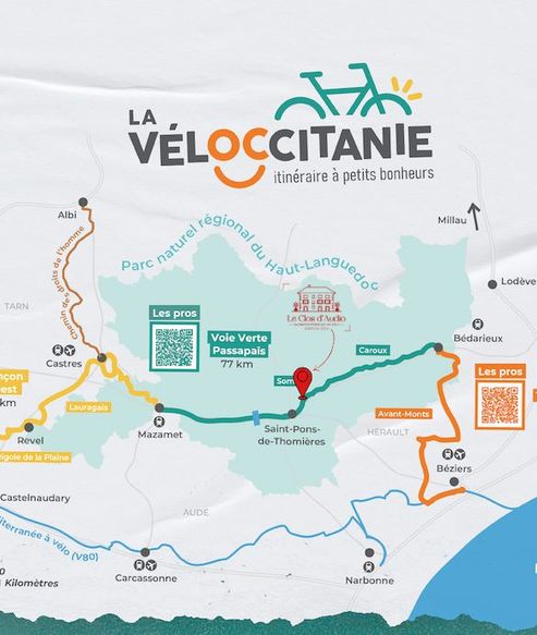 Carte de la Véloccitanie avec le Clos d'Audio sur la voie verte