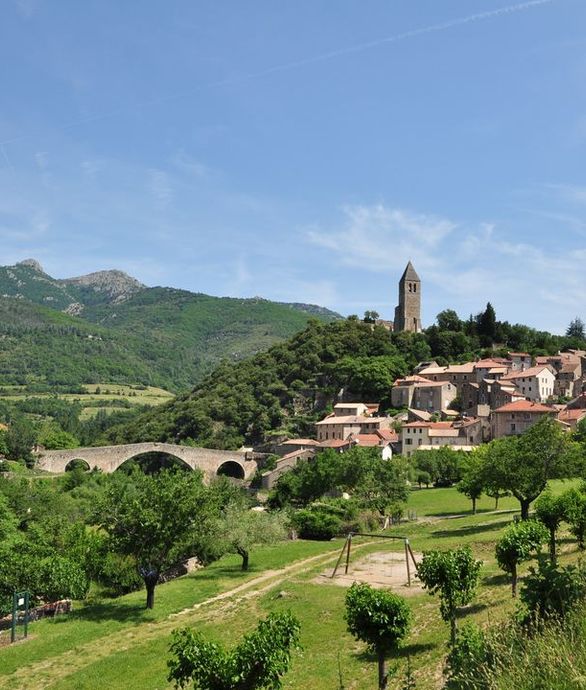 Vue sur le village d'Olargues et son pont médiéval