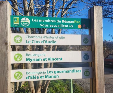 Panneaux du réseau Passa Païs indiquant Le Clos d'Audio.